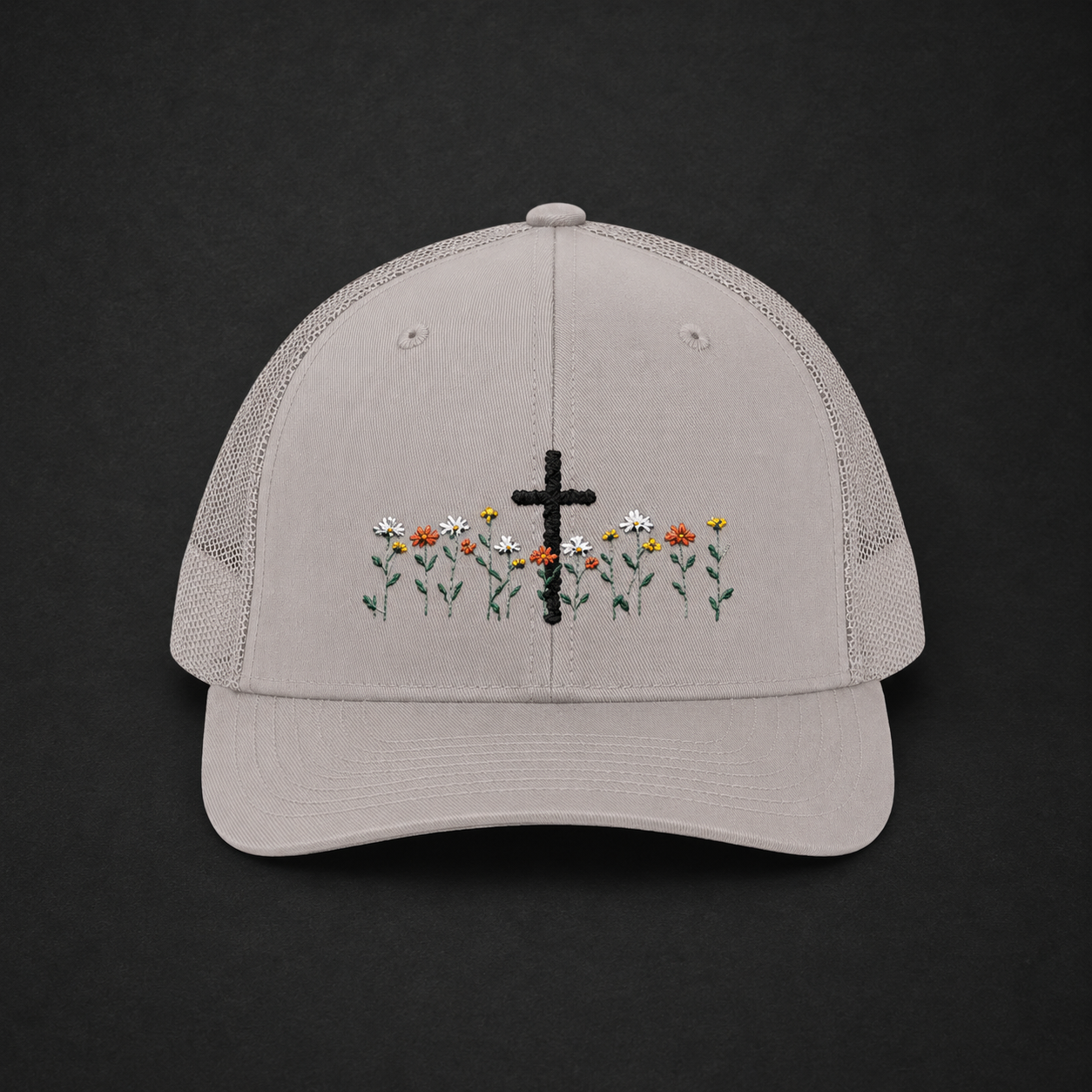 Cross & Wildflowers Snapback Trucker Hat — Floral Faith Baseball Cap